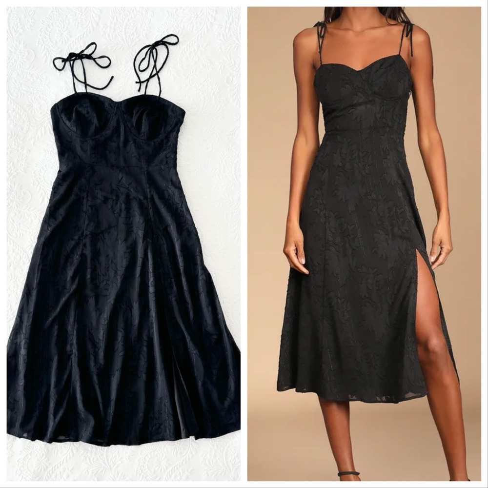 NWOT Lulus Loveliest Looks Black Floral Jacquard Tie-Strap Midi Dress Small